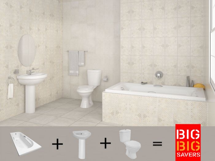 Coral White Bathroom Set – Bath, Basin, Pedestal & Front Flush Toilet Suite